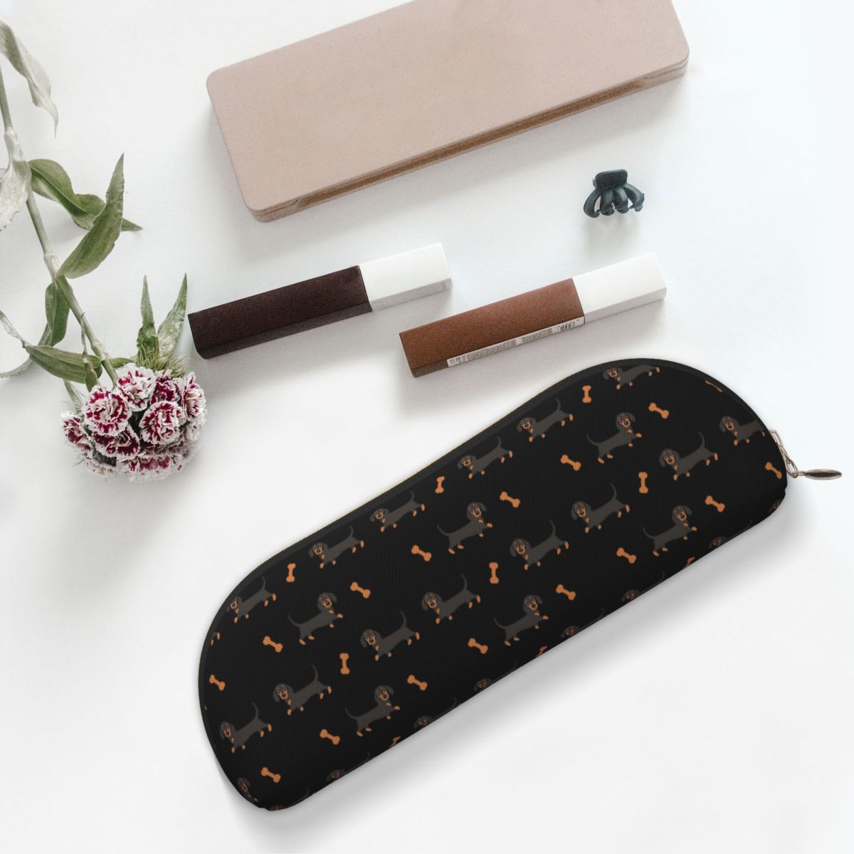 Tan Stationery & Office Supply - สีดําและ Tan Dachshund ไส้กรอกสุนัขดินสอกระเป๋าดินสอเก็บเครื่องเขียนขนาดใหญ่ความจุกล่องปากกาดินสอกระเป๋า