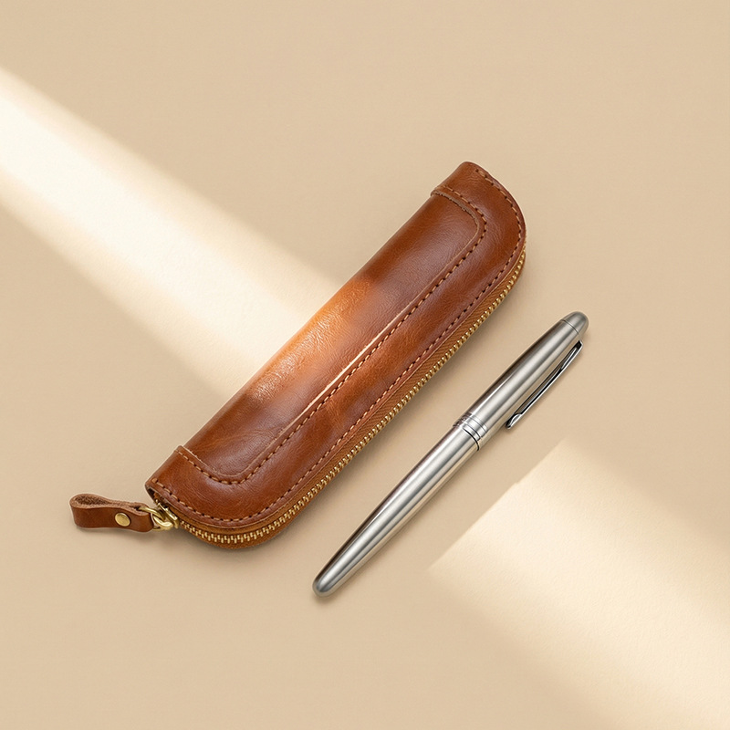 Tan Stationery & Office Supply - ซองใส่ปากกาหนังฟอกฝาดแบบวินเทจ, กระเป๋าใส่ดินสอแบบมีซิปขนาดเล็ก, ซองใส่ปากกาแบบพกพาสำหรับธุรกิจและเครื่องเขียนสำนักงาน